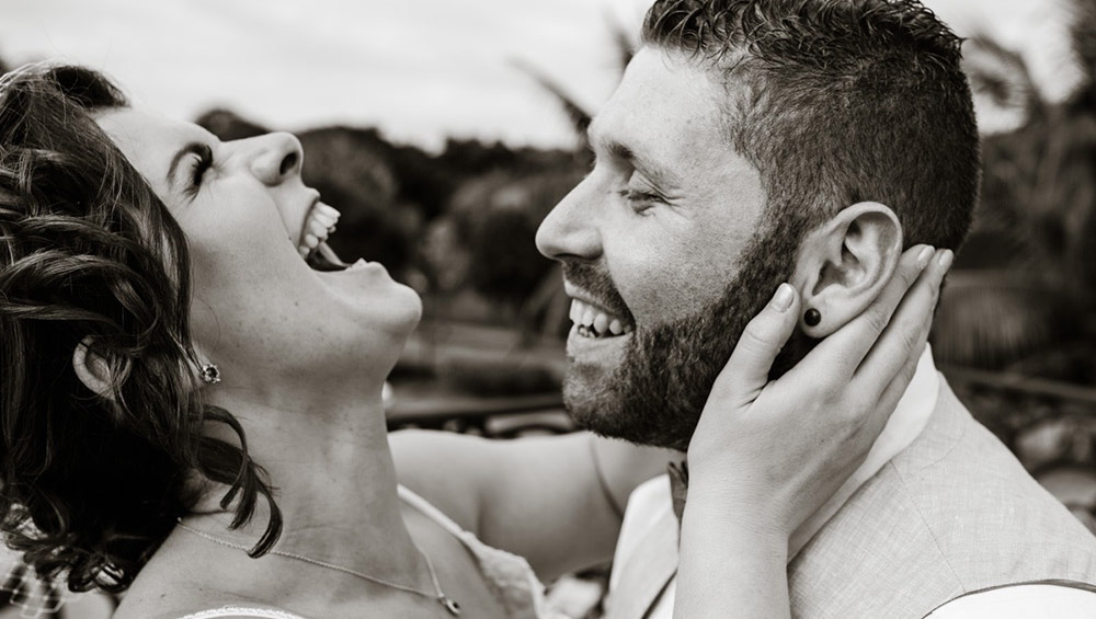 destination wedding for Calgary couple, bride groom laughing