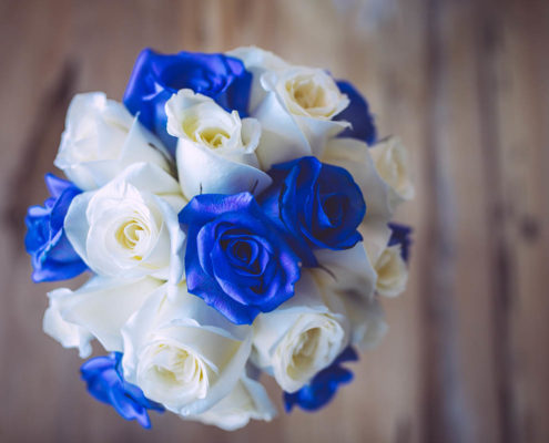 wedding bouquet of white and blue flowers