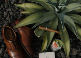 Brown leather dress shoes, a personalized wedding booklet, and a cigar arranged beside a tropical agave plant on dark volcanic rocks for a Mexico destination wedding.